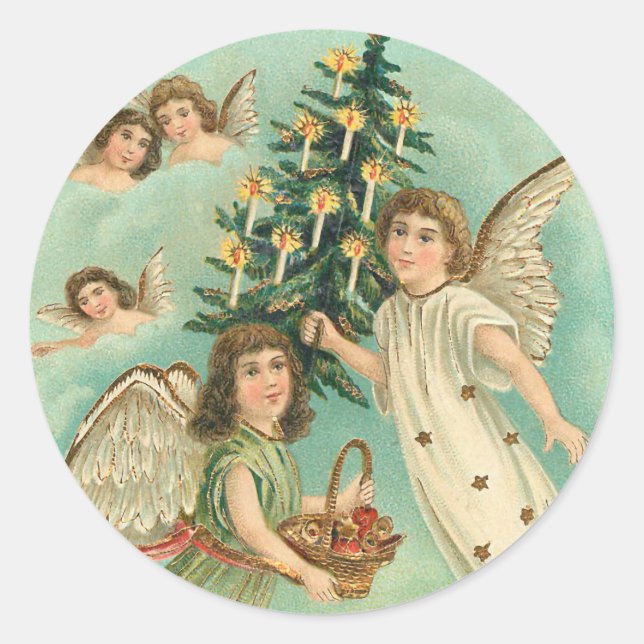 Pegatina Redonda Vintage Christmas Angels Faux Gold (Anverso)