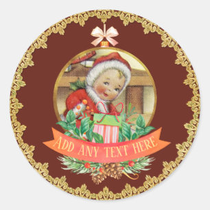 Pegatina Redonda Vintage Christmas Baby Gender Revelan Red Gold