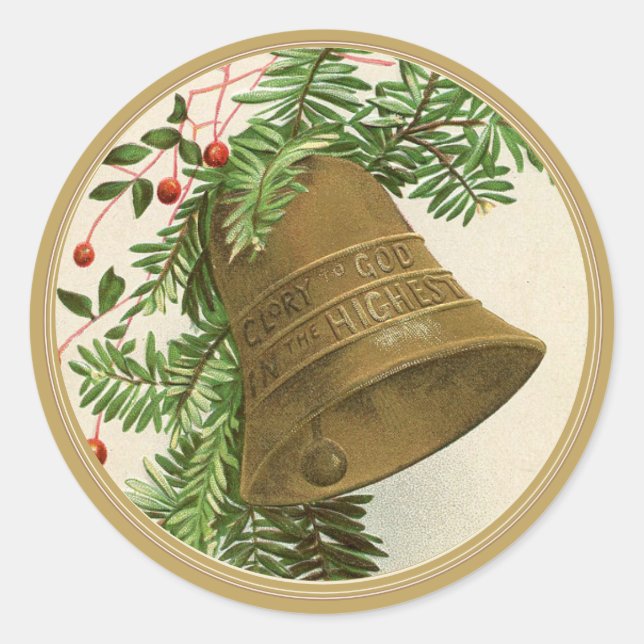 Pegatina Redonda Vintage Christmas Bell (Evergreen) Gold (Anverso)
