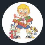 Pegatina Redonda Vintage Christmas, Boy with Present and Puppy Dog<br><div class="desc">Personalizado de ilustracion de la Vintage. Imagen de feriado navideño con un niño rubio y feliz. Lleva regalos envueltos y regalos con su adorable mascota cachorro a su lado. Un antiguo trozo de rotura victoriana. ¡Saludos de temporada!</div>