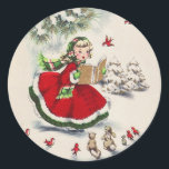 Pegatina Redonda Vintage Christmas Chica Stickers<br><div class="desc">Vintage Chica navideña cantando Navidades Carols en un bosque de invierno bonito con aves rojas y ardillas hacen una encantadora pegatina navideña.</div>