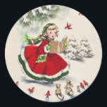 Pegatina Redonda Vintage Christmas Chica Stickers<br><div class="desc">Vintage Chica navideña cantando Navidades Carols en un bosque de invierno bonito con aves rojas y ardillas hacen una encantadora pegatina navideña.</div>