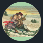 Pegatina Redonda Vintage Christmas - Children Winter Scene<br><div class="desc">Arte de época - Una Feliz Navidad</div>