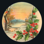 Pegatina Redonda Vintage Christmas Church y Holly Pegatinas<br><div class="desc">Vintage pegatinas de vacaciones con imágenes clásicas de Navidades. Imágenes de Navidades victorianos cuidadosamente restauradas. ¡Santa,  campanas plateadas,  Holly,  Velas y Nieve! Mucho de nieve. Delicioso para tus tarjetas de vacaciones o incluso para los fiambres. Utilícelos para decorar sus paquetes y bandejas de cookies para los vecinos.</div>