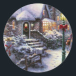 Pegatina Redonda Vintage Christmas Cottage Snow<br><div class="desc">Diseño de la escena de nieve de Navidad vintage. Artista desconocido.</div>