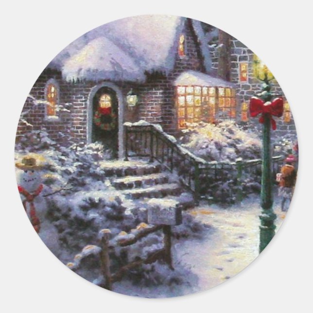 Pegatina Redonda Vintage Christmas Cottage Snow (Anverso)