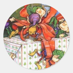 Pegatina Redonda Vintage Christmas Elves Gift Wraping
