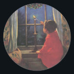 Pegatina Redonda Vintage Christmas Eve de Jessie Willcox Smith<br><div class="desc">Diseño de vacaciones de Navidades de ilustracion de época de la célebre ilustradora infantil Jessie Willcox Smith. Un niño está encendiendo una vela en la ventana en la víspera de los Navidades.</div>