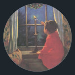 Pegatina Redonda Vintage Christmas Eve de Jessie Willcox Smith<br><div class="desc">Diseño de vacaciones de Navidades de ilustracion de época de la célebre ilustradora infantil Jessie Willcox Smith. Un niño está encendiendo una vela en la ventana en la víspera de los Navidades.</div>