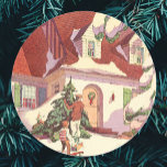 Pegatina Redonda Vintage Christmas, Family House in the Snow<br><div class="desc">Ilustracion Vintage Diseño navideño de Feliz Navidad con una casa cubierta de nieve en invierno. Un padre y un hijo están colgando luces de Navidad en un árbol en el patio delantero. El niño está jugando con su trineo de juguete o su tobogán.</div>