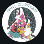 Pegatina Redonda Vintage Christmas, Fancy Victoria Town People<br><div class="desc">Ilustracion de época Victoriano Diseño de las vacaciones navideñas de Feliz Feliz Navidad con un hombre y una mujer parados afuera de una casa de campo adorable cantando Navidades Carols. La pareja, elegante y feliz, se encuentra en el pueblo cubierto de nieve, con casas y árboles durante el invierno nevado....</div>