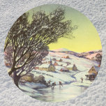 Pegatina Redonda Vintage Christmas, Frozen Lake with Ice Skaters<br><div class="desc">Imagen de vacaciones de Navidades de ilustracion de época con un paisaje invernal con un estanque helado,  nieve en las colinas,  árboles y patinaje sobre hielo de la gente al atardecer. A lo lejos hay un pueblo nevado.</div>