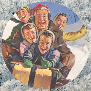 Pegatina Redonda Vintage Christmas, Happy Family Toboggan Sledding