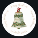 Pegatina Redonda Vintage Christmas Holly Bell y saludo de Navidades<br><div class="desc">Vintage campana de Navidad con bayas y bayas rojas con Feliz Navidad. Navidades de arte con saludos de Navidad.</div>