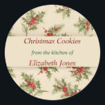 Pegatina Redonda Vintage Christmas, Holly Berries, Personalizado<br><div class="desc">Bonito vintage de Navidad con Holly. Perfecto para sus Navidades Cookies,  Scones,  Fudge,  o cualquier especialidad que sea. Cuídate de tus regalos de vacaciones,  cambia el texto a A: y De: para regalos envueltos. Estilo de letra y colores personalizares a su gusto.</div>