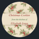 Pegatina Redonda Vintage Christmas, Holly Berries, Personalizado<br><div class="desc">Bonito vintage de Navidad con Holly. Perfecto para sus Navidades Cookies,  Scones,  Fudge,  o cualquier especialidad que sea. Cuídate de tus regalos de vacaciones,  cambia el texto a A: y De: para regalos envueltos. Estilo de letra y colores personalizares a su gusto.</div>