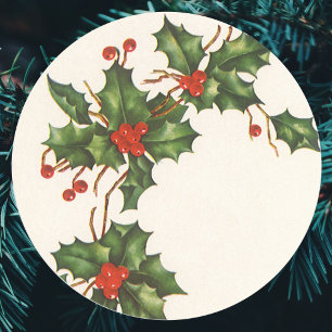 Pegatina Redonda Vintage Christmas, Holly Plant with Red Berries
