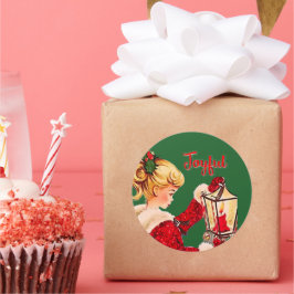 Pegatina Redonda Vintage Christmas lámpara de vela purpurina rojo c