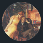 Pegatina Redonda Vintage Christmas, Love and Romance Couple<br><div class="desc">Ilustracion de época Festividad navideña con una pareja feliz y romántica abriendo regalos de Navidad junto a la chimenea y árbol decorado. ¡Saludos de temporada!</div>