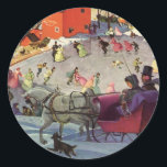 Pegatina Redonda Vintage Christmas, Love and Romance Sleigh<br><div class="desc">Ilustracion Vintage Victoria Festividad navideña Feliz Navidad con una pareja montada en un caballo de trineo abierto sobre la nieve. El hombre y la mujer van camino al estanque congelado donde la gente patina sobre hielo en un día de invierno fresco. Un lindo perro está corriendo al lado del trineo....</div>