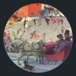 Pegatina Redonda Vintage Christmas, Love and Romance Sleigh<br><div class="desc">Ilustracion Vintage Victoria Festividad navideña Feliz Navidad con una pareja montada en un caballo de trineo abierto sobre la nieve. El hombre y la mujer van camino al estanque congelado donde la gente patina sobre hielo en un día de invierno fresco. Un lindo perro está corriendo al lado del trineo....</div>