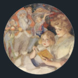 Pegatina Redonda Vintage Christmas, Mother leyendo la historia de l<br><div class="desc">Ilustracion de la Vintage Victoria. Imagen de la fiesta navideña de la Feliz Navidad en la que aparece una madre leyendo un libro de historias de Navidades a su hijo pequeño en la Noche de los Navidades. La niña está rodeada de muchos juguetes, muñecas y un elfo de Santa Claus...</div>