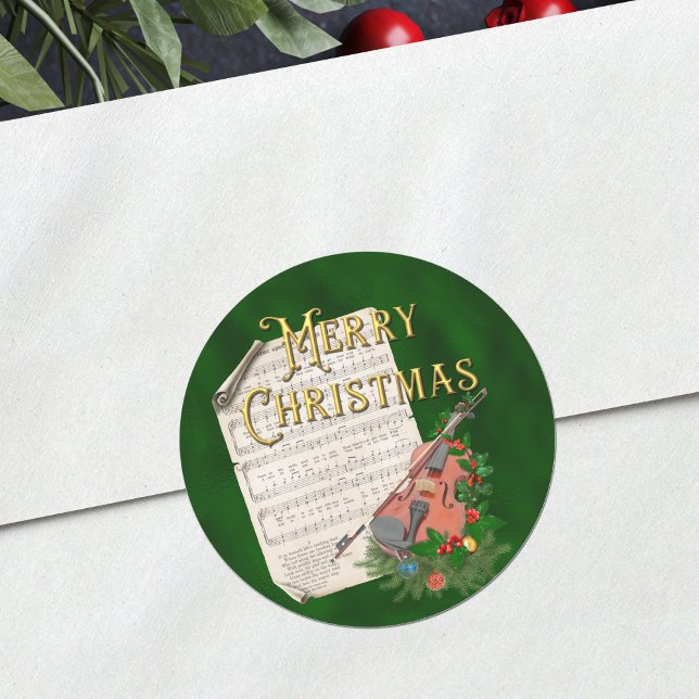Pegatina Redonda Vintage Christmas Music Violin Green (Subido por el creador)