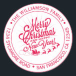 Pegatina Redonda Vintage Christmas New Year Red Ink Return Address<br><div class="desc">Navidades familia vuelta pegatina de dirección con tu nombre y dirección en tipografía roja elegante con una imagen de bonito pintada a mano Feliz Navidad y Feliz Año Nuevo con fondo blanco. Simplemente agrega tu nombre y dirección. Diseñado exclusivamente para usted por Happy Dolphin Studio. Si necesita ayuda o productos...</div>