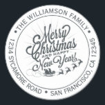 Pegatina Redonda Vintage Christmas New Year Return Address<br><div class="desc">Navidades familia vuelta pegatina de direcciones con tu nombre y dirección en tipografía elegante fuera de negro con una imagen de bonito pintada a mano Feliz Navidad y Feliz Año Nuevo en un fondo blanco. Simplemente agrega tu nombre y dirección. Diseñado exclusivamente para usted por Happy Dolphin Studio. Si necesita...</div>