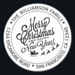 Pegatina Redonda Vintage Christmas New Year Return Address<br><div class="desc">Navidades familia vuelta dirección pegatina con tu nombre y dirección en tipografía elegante con una imagen de bonito a mano Feliz Navidad y Feliz Año Nuevo. Simplemente agrega tu nombre y dirección. Diseñado exclusivamente para usted por Happy Dolphin Studio. Si necesita ayuda o productos coincidentes, póngase en contacto con nosotros...</div>