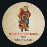 Pegatina Redonda Vintage Christmas Old World Santa Claus<br><div class="desc">Feliz pegatina navideño con un viejo Navidad del viejo mundo, Papá Noel. El clásico santa del viejo mundo, con su famoso abrigo rojo y llevando una bolsa llena de juguetes. Este Santa de la vieja usanza es delgado y tiene un bastón para caminar por la tierra regalando juguetes a todos...</div>