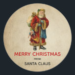 Pegatina Redonda Vintage Christmas Old World Santa Claus<br><div class="desc">Feliz pegatina navideño con un viejo Navidad del viejo mundo, Papá Noel. El clásico santa del viejo mundo, con su famoso abrigo rojo y llevando una bolsa llena de juguetes. Este Santa de la vieja usanza es delgado y tiene un bastón para caminar por la tierra regalando juguetes a todos...</div>