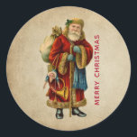 Pegatina Redonda Vintage Christmas Old World Santa Claus<br><div class="desc">Pegatinas con un viejo Navidad del Viejo Mundo, Santa Claus. El clásico santa del viejo mundo, con su famoso abrigo rojo y llevando una bolsa llena de juguetes. Este Santa de la vieja usanza es delgado y tiene un bastón para caminar por la tierra regalando juguetes a todos los chicas...</div>
