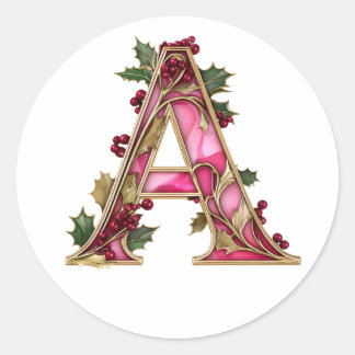Pegatina Redonda Vintage Christmas Pink Gold Holly Monogram A