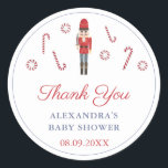 Pegatina Redonda Vintage Christmas Red Nutcracker Candy Canes Favor<br><div class="desc">Gracias pegatinas por cualquier evento (mostrado aquí para un Baby Shower pero todos los campos de texto son personalizables). El diseño presenta mi soldado de madera de ballet de Nutcracker rojo y ilustraciones de latas de dulces,  pintados originalmente en acuarela,  antes de ser escaneados en forma digital.</div>