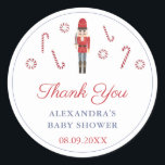 Pegatina Redonda Vintage Christmas Red Nutcracker Candy Canes Favor<br><div class="desc">Gracias pegatinas por cualquier evento (mostrado aquí para un Baby Shower pero todos los campos de texto son personalizables). El diseño presenta mi soldado de madera de ballet de Nutcracker rojo y ilustraciones de latas de dulces,  pintados originalmente en acuarela,  antes de ser escaneados en forma digital.</div>