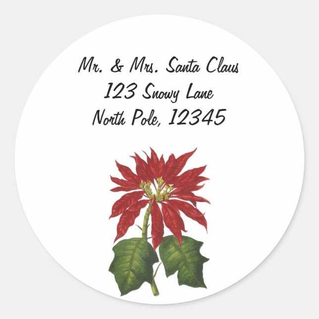 Pegatina Redonda Vintage Christmas, Red Poinsettia WinPlanta (Anverso)