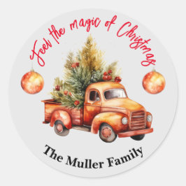 Pegatina Redonda Vintage Christmas Red Truck Watercolor