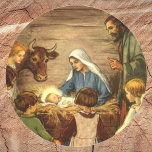 Pegatina Redonda Vintage Christmas, Religious Nativity w Baby Jesus<br><div class="desc">Vintage illustration religious Christmas holiday image featuring a beautiful classic nativity family scene with Mary,  Joseph and the infant Jesus Christ in the manger in Bethlehem. A Christian religion scene with children gathered holding hands around the baby boy child.</div>