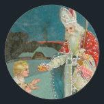 Pegatina Redonda Vintage Christmas Saint Nicholas Bella Artes<br><div class="desc">San Nicolás dando regalos a buenos niños. Navidades cristianos retro vintage coloridos y únicos bellas figuras religiosas decorativas de antigüedades y trajes de arte fino.</div>