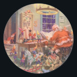 Pegatina Redonda Vintage Christmas, Santa Claus con Elves Workshop<br><div class="desc">Ilustracion de la Vintage. Imagen de feriado de Navidad con Jolly San Nicolás y sus elfos ocupados construyendo juguetes, muñecas, caballos mecedores, etc. en el taller de Santa en el Polo Norte en la Víspera de los Navidades. Santa Claus está revisando su lista traviesa o buena una vez más para...</div>