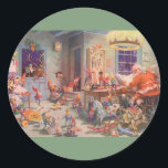 Pegatina Redonda Vintage Christmas, Santa Claus con Elves Workshop<br><div class="desc">Ilustracion de la Vintage. Imagen de feriado de Navidad con Jolly San Nicolás y sus elfos ocupados construyendo juguetes, muñecas, caballos mecedores, etc. en el taller de Santa en el Polo Norte en la Víspera de los Navidades. Santa Claus está revisando su lista traviesa o buena una vez más para...</div>