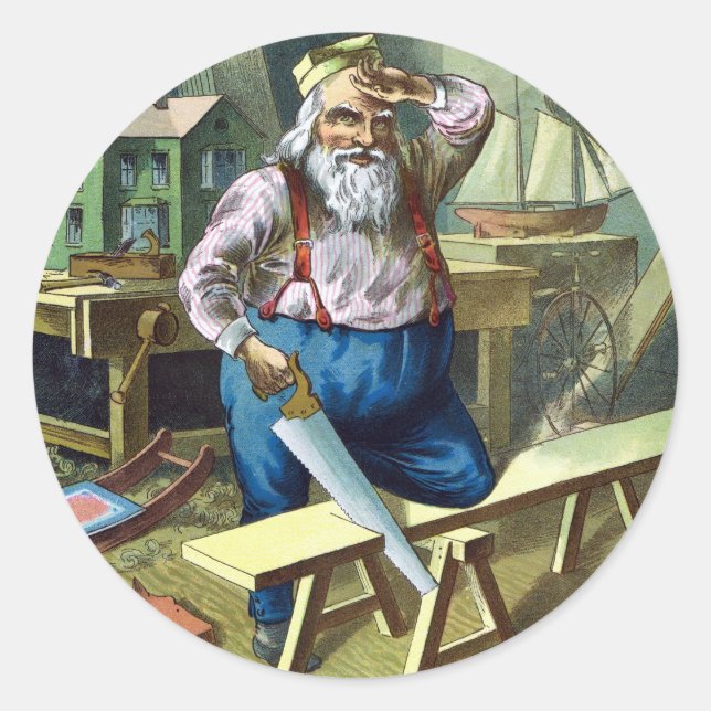 Pegatina Redonda Vintage Christmas, Santa Claus construyendo juguet (Anverso)