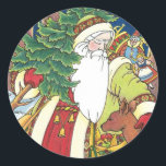 Pegatina Redonda Vintage Christmas, Santa Claus Deer en la selva<br><div class="desc">Ilustracion de época de estilo victoriano Feliz Navidad. Imagen de Santa Claus que muestra a San Nicolás cargando un árbol de Navidad y picando un ciervo en el bosque, una luna llena en el cielo nocturno. Un alegre Papá Noel está llevando un saco lleno de juguetes y muñecas en la...</div>