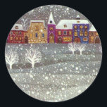 Pegatina Redonda Vintage Christmas, Santa Claus Horse Open Sleigh<br><div class="desc">Ilustracion de época Victorian Festividad navideña Feliz Navidad con un alegre Papá Noel montado en un caballo de trineos abiertos en la víspera de Navidades. Está nevando durante el invierno con una ciudad somnolienta a lo lejos. Árboles blancos cubiertos con ramas cubiertas de nieve mientras los copos de nieve caen...</div>