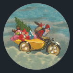 Pegatina Redonda Vintage Christmas santa en motocicleta en todo LAR<br><div class="desc">Vintage Christmas santa en motocicleta</div>