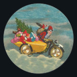 Pegatina Redonda Vintage Christmas santa en motocicleta en todo LAR<br><div class="desc">Vintage Christmas santa en motocicleta</div>