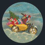 Pegatina Redonda Vintage Christmas santa en motocicleta en todo LAR<br><div class="desc">Vintage Christmas santa en motocicleta</div>