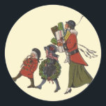 Pegatina Redonda Vintage Christmas Shopping Family Fun<br><div class="desc">Vintage Christmas Shopping - Esta vintage tarjeta de Navidad muestra a una familia llegando a casa con muchos regalos de Navidad! ¡Este año los navidades se ven maravillosos! Mamá ha sido Navidad comprando y lleva una gran pila de regalos de Navidades. Un pequeño chica Navidad tiene una corona de Navidades,...</div>