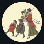 Pegatina Redonda Vintage Christmas Shopping Family Fun<br><div class="desc">Vintage Christmas Shopping - Esta vintage tarjeta de Navidad muestra a una familia llegando a casa con muchos regalos de Navidad! ¡Este año los navidades se ven maravillosos! Mamá ha sido Navidad comprando y lleva una gran pila de regalos de Navidades. Un pequeño chica Navidad tiene una corona de Navidades,...</div>